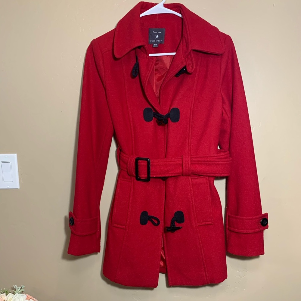 Red belted women’s coat